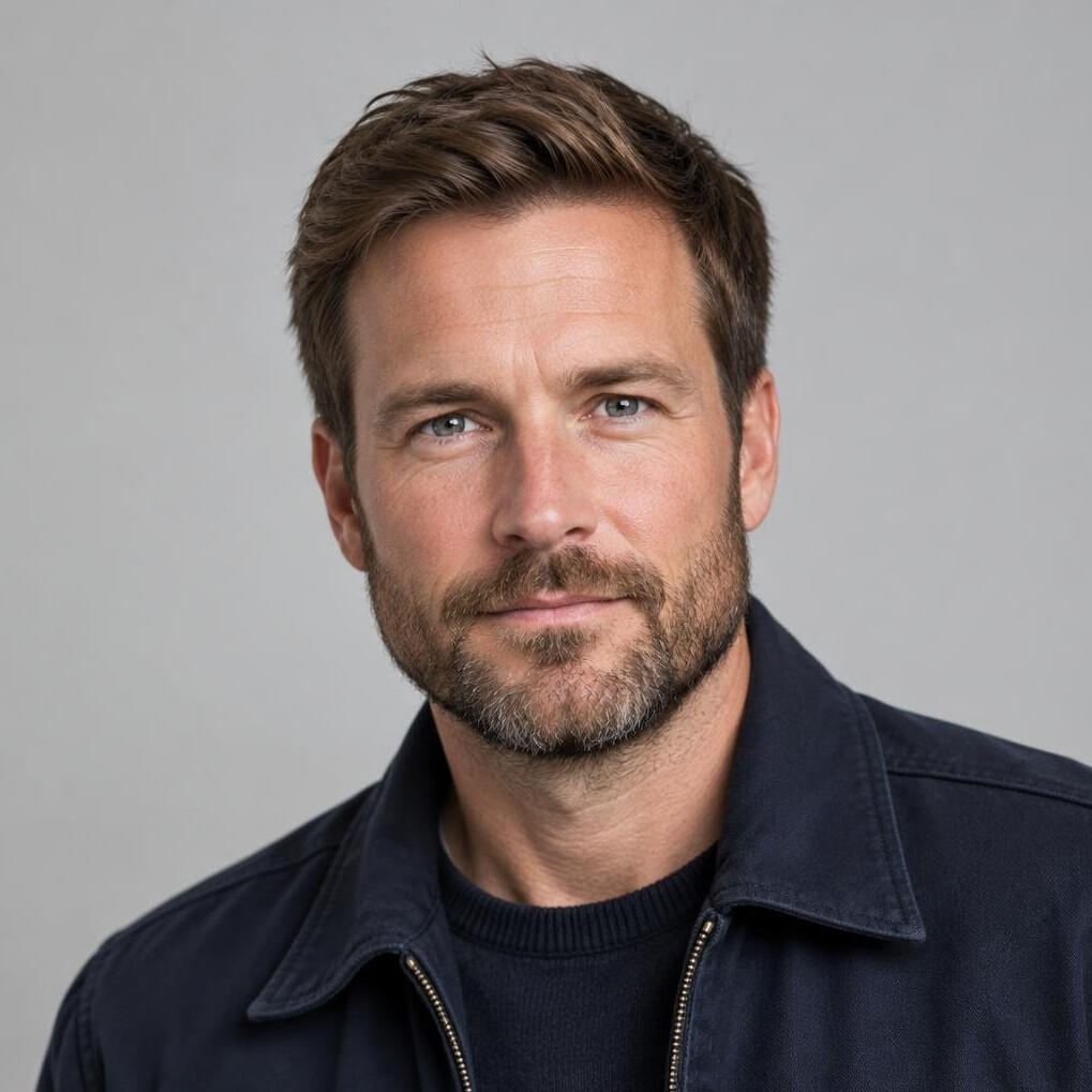 Portrait of a bearded man with a calm expression