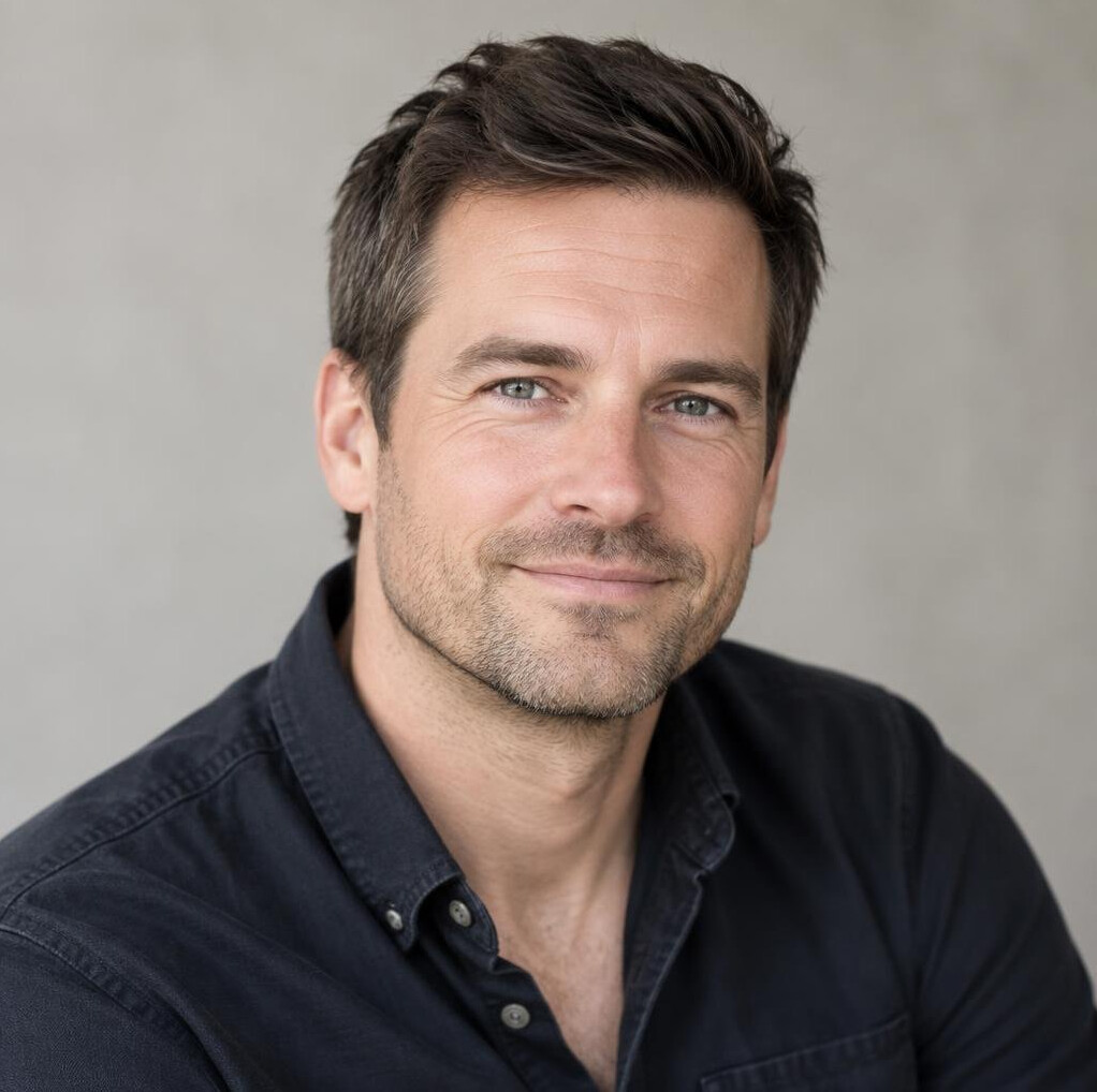 Portrait of a Scandinavian man in his thirties with short dark hair
