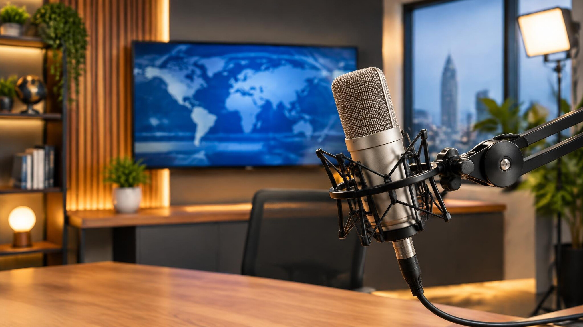 Professional studio microphone on a boom arm in a daily news recording studio